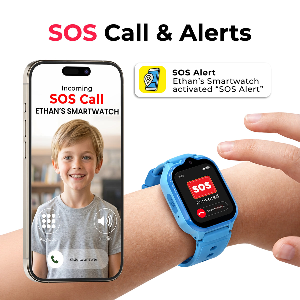 Blue EmojiKidz Model T kids SOS GPS watch with one-touch emergency calling, instant parent alerts and live location for emergency contacts