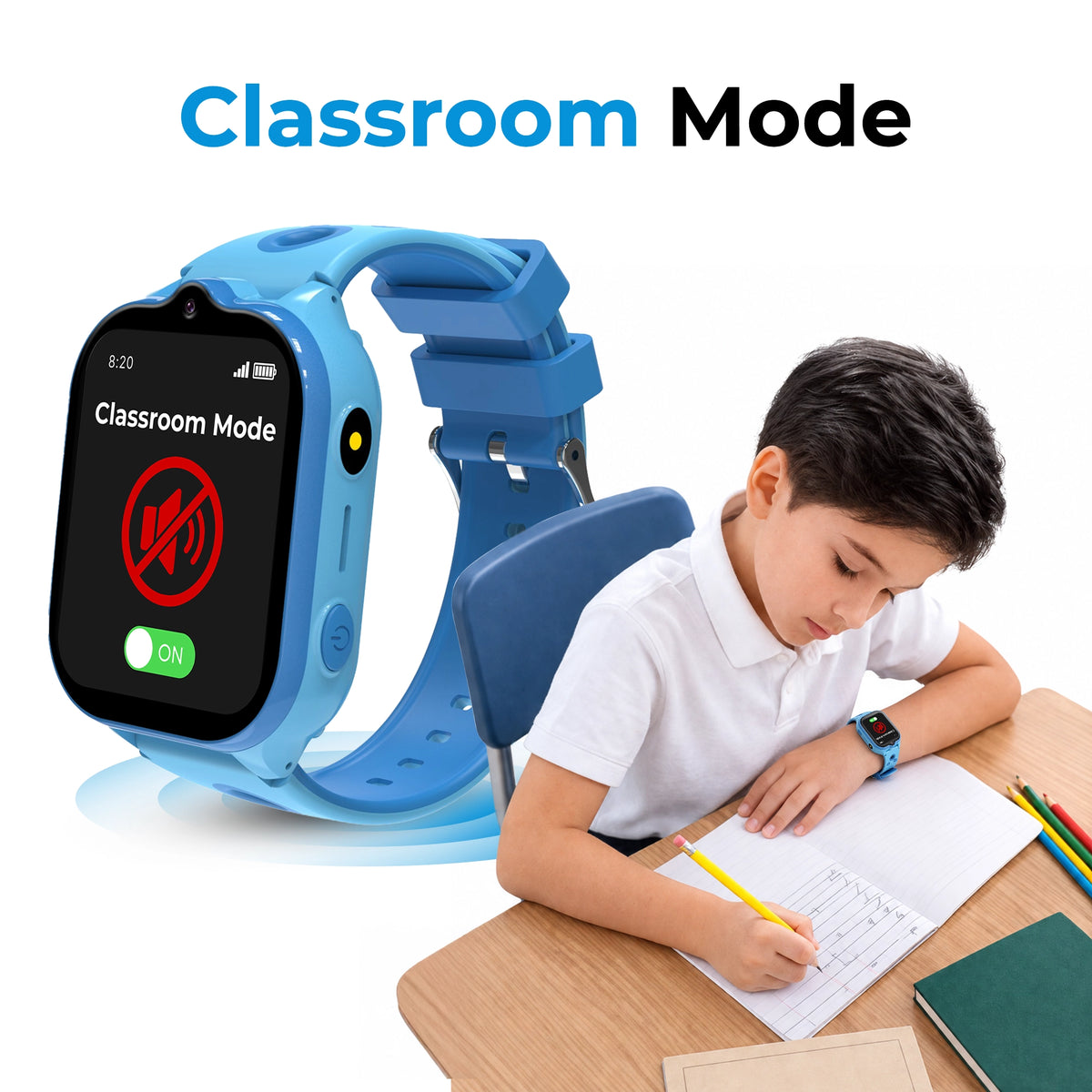 Blue EmojiKidz Model T school smartwatch for kids with scheduled Classroom Silence Mode to reduce distractions while emergency SOS remains available