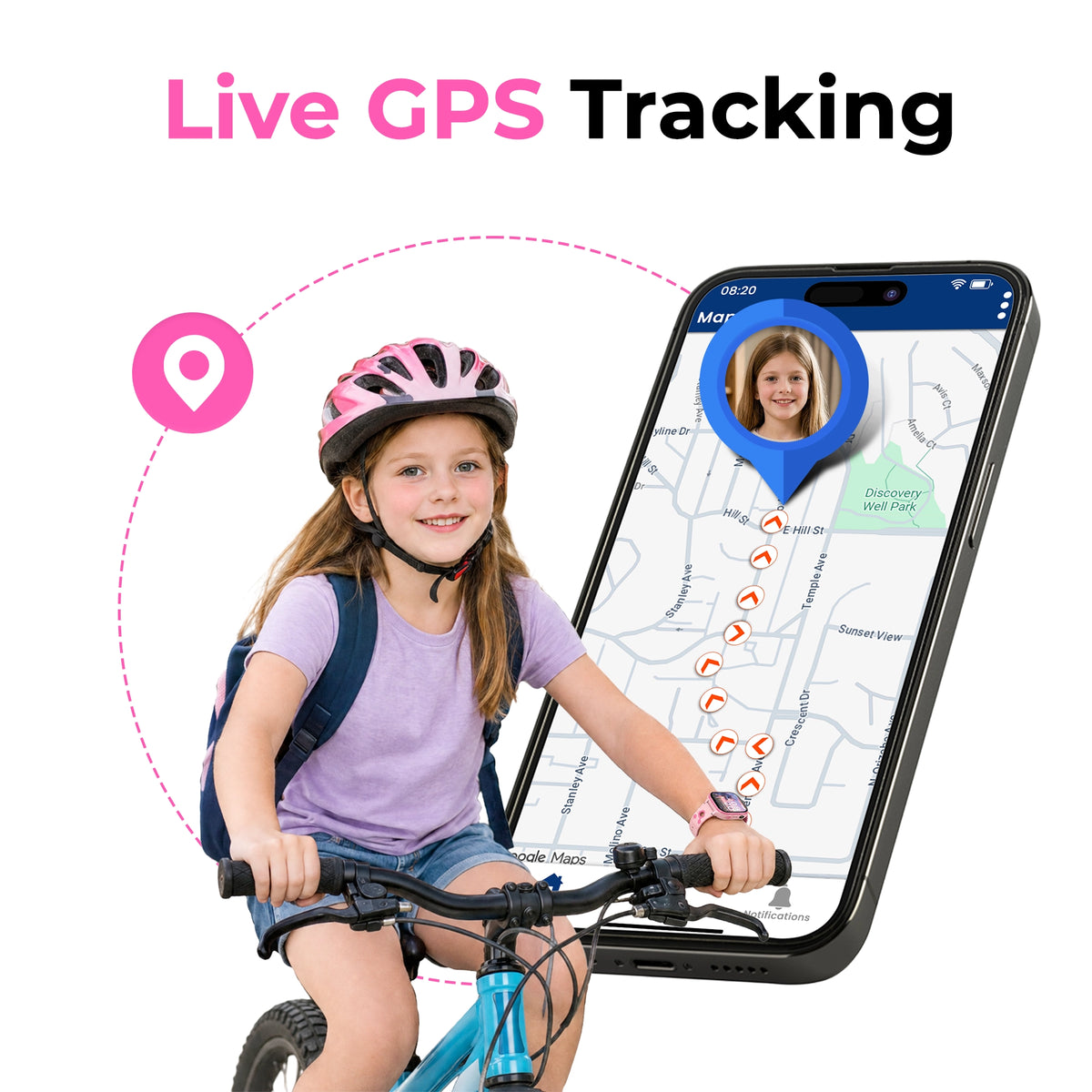 Pink EmojiKidz Model T GPS smartwatch for kids with real-time child location tracking and parental app monitoring for school and everyday activities