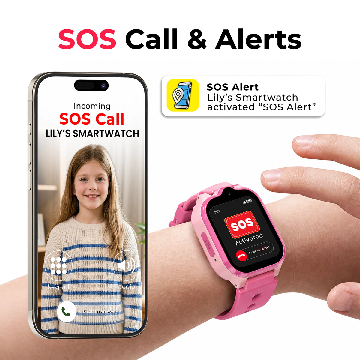 Pink EmojiKidz Model T kids emergency GPS watch with SOS calling, instant parent notifi cations and live location alerts for added child safety