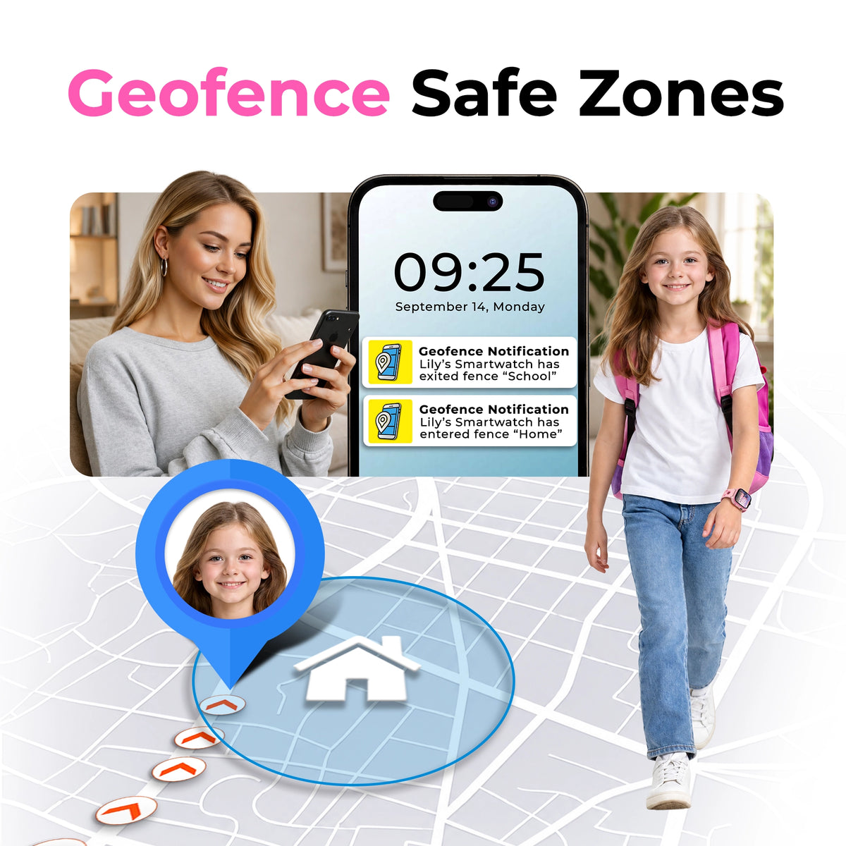 Pink EmojiKidz Model T kids GPS watch with customizable geofence safe zones and parent notifi cations for school arrivals and departures