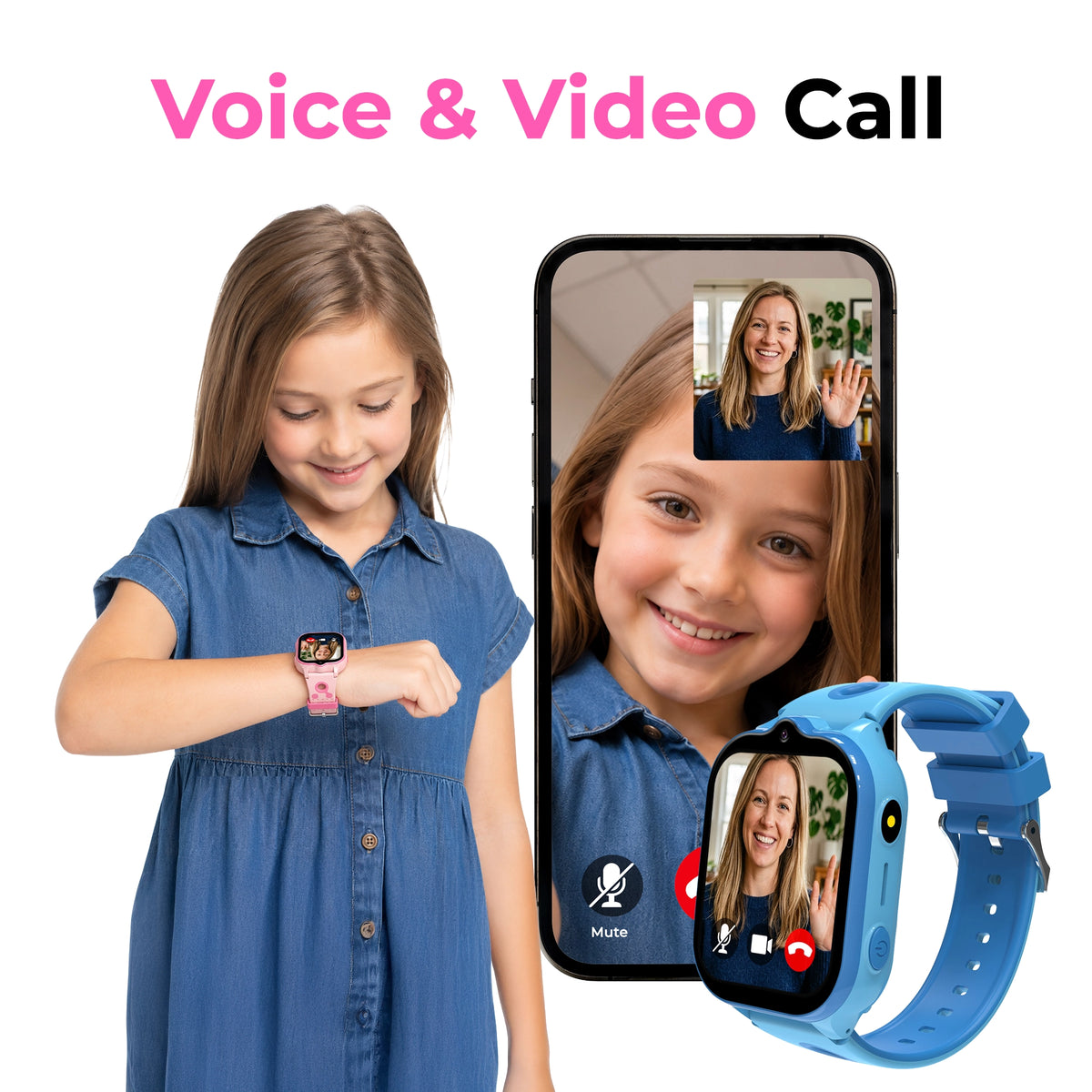 Pink EmojiKidz Model T kids smartwatch with HD video and voice calling for safe parent-managed communication with approved family contacts