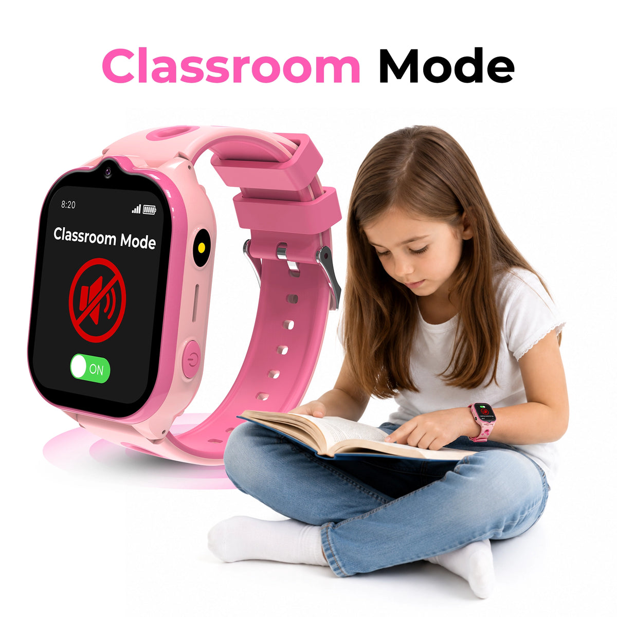 Pink EmojiKidz Model T school smartwatch for kids with parent-controlled Classroom Mode to silence communication distractions during scheduled school hours