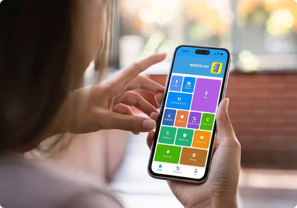 Parent setting up Emojikidz Monitor GPS app for kids smartwatch tracking, alerts, and parental safety controls
