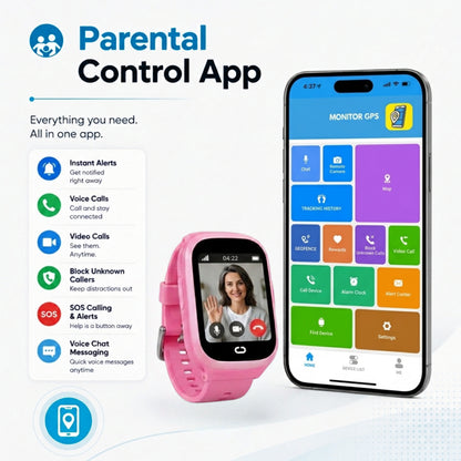 EmojiKidz parental control app for a pink kids GPS smartwatch with calling, alerts, geofencing and approved contact controls.
