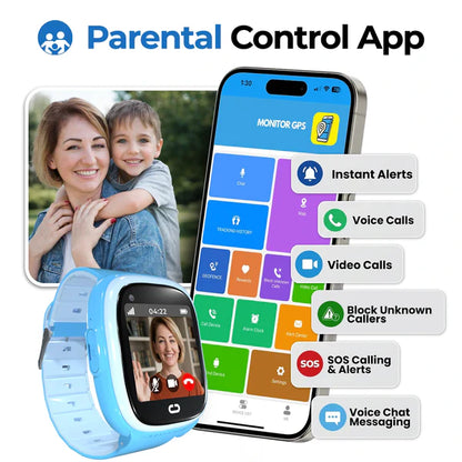 Emojikidz parental control app showing GPS tracking, alerts, calling, and safety features for kids smartwatch