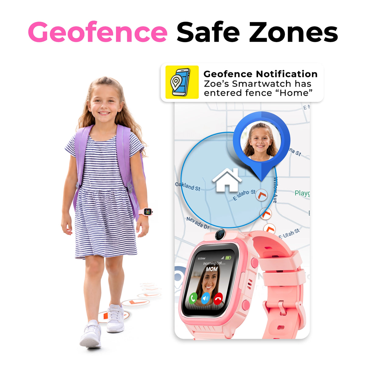 Pink EmojiKidz Model R child GPS watch showing location boundary monitoring with parent notifications when a child enters or leaves a designated safe zone