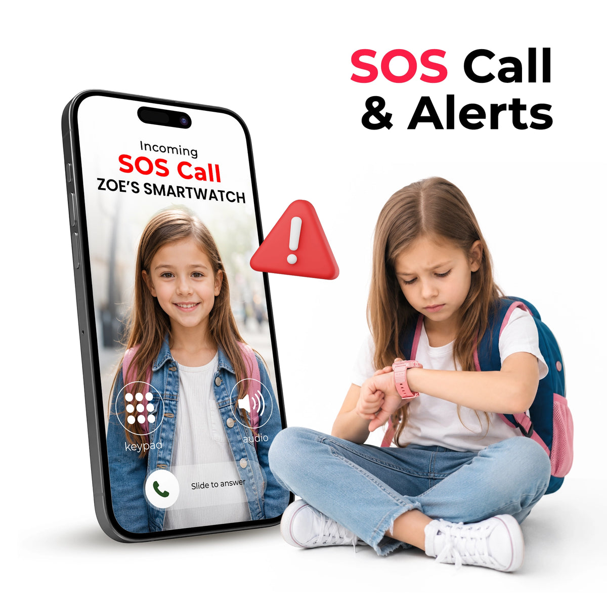 Pink EmojiKidz Model R kids SOS GPS watch demonstrating emergency calling and parent alerts to help children quickly reach trusted contacts