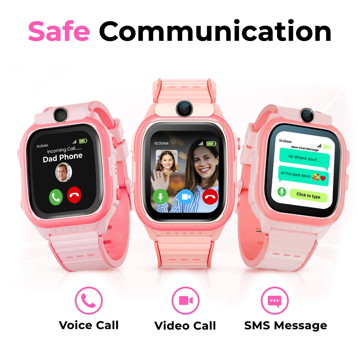 Pink EmojiKidz Model R kids smartwatch with secure voice calling, video calls and SMS messaging for parent-managed child communication