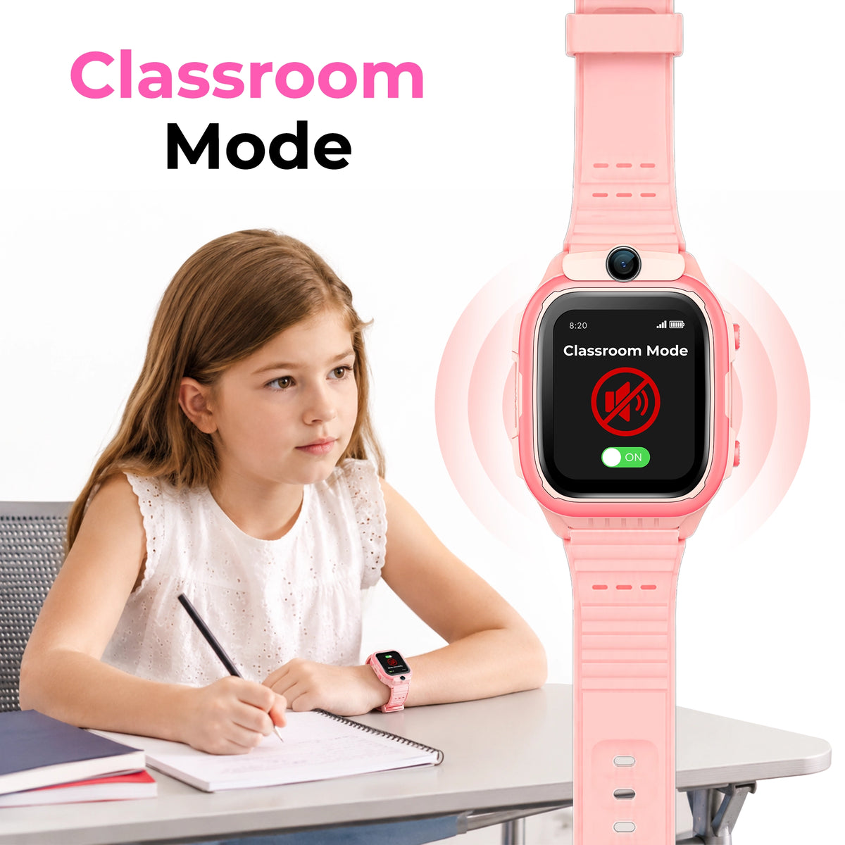 Pink EmojiKidz Model R school smartwatch for kids showing Classroom Silence Mode for parent-managed distraction-free use during school hours