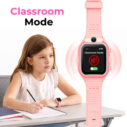 Pink EmojiKidz Model R school smartwatch for kids showing Classroom Silence Mode for parent-managed distraction-free use during school hours
