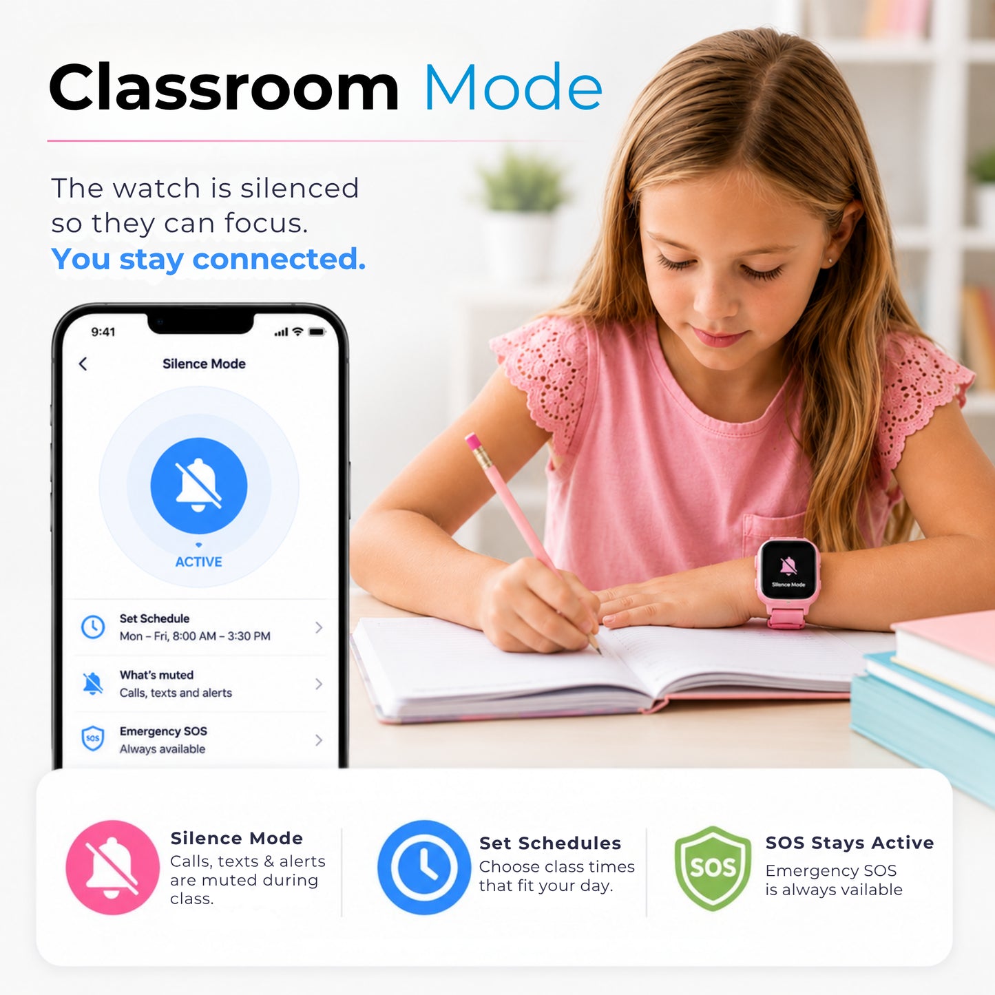 Girl wearing a pink EmojiKidz smartwatch in class with scheduled Silence Mode while emergency SOS stays available.
