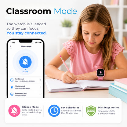 Girl wearing a pink EmojiKidz smartwatch in class with scheduled Silence Mode while emergency SOS stays available.
