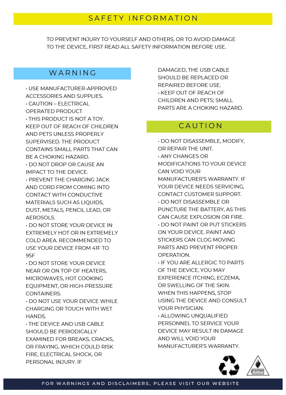 Model M safety information warnings and cautions