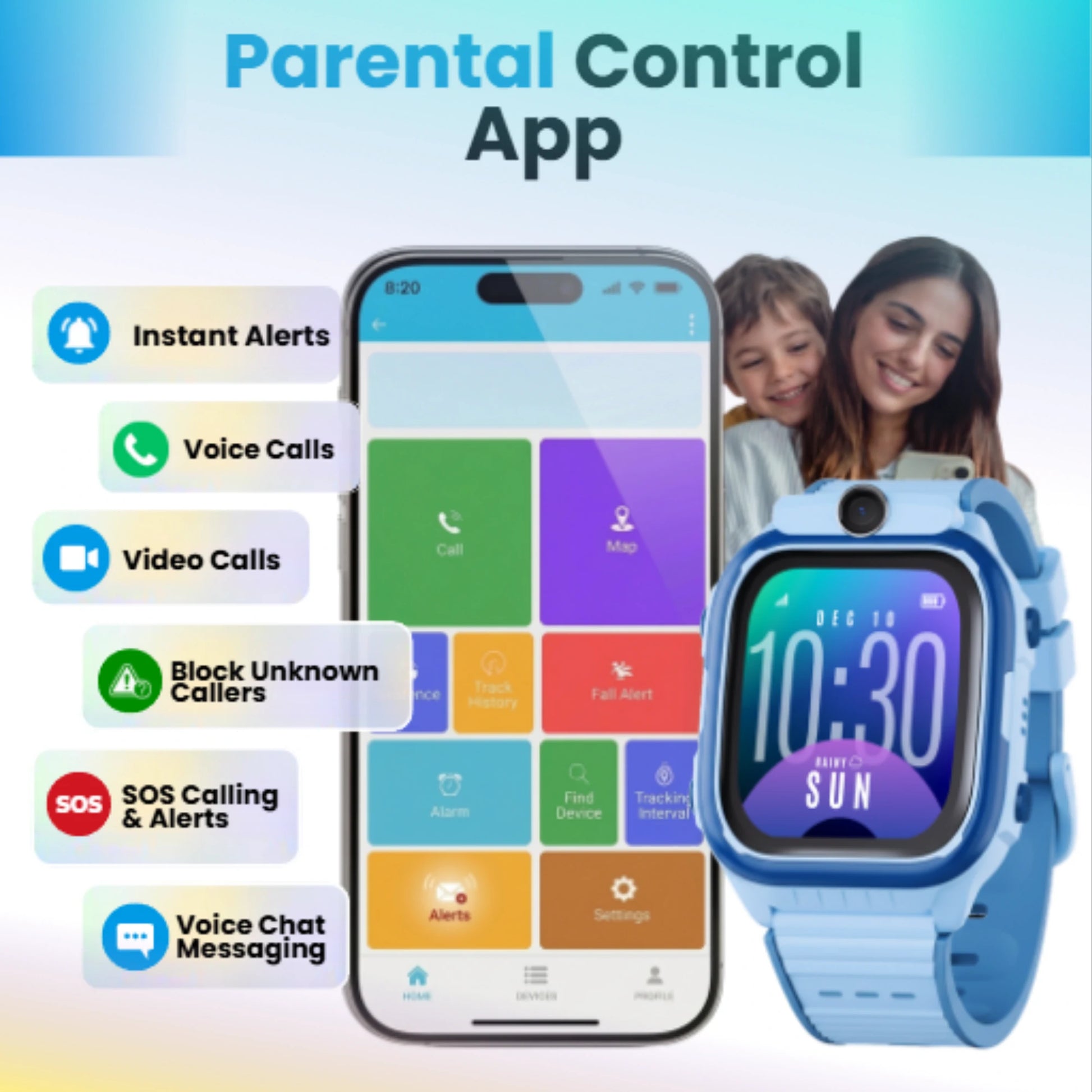 Kids GPS smartwatch parental control app with instant alerts, voice calls, video calls,
SOS notifications, and location tracking