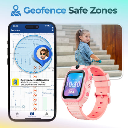 Kids GPS tracker smartwatch with geofencing safe zones, SOS emergency alerts,
video calling, and parent communication features