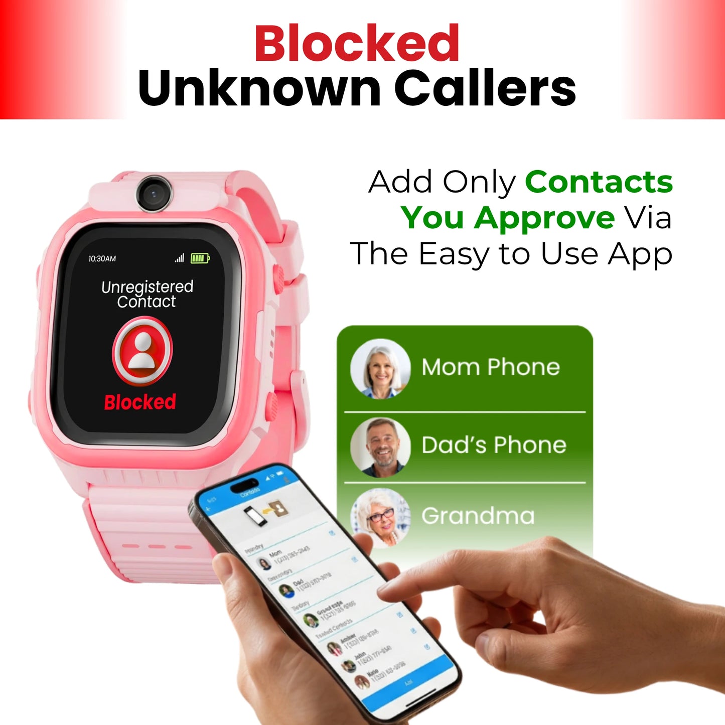 Kids smartwatch with blocked unknown callers and parent-approved contact
controls for safer communication
