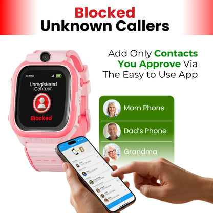 Kids smartwatch with blocked unknown callers and parent-approved contact
controls for safer communication