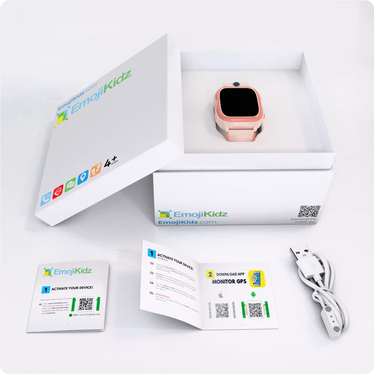 Model R kids GPS smartwatch package with charging cable, setup instructions, and included accessories for activation