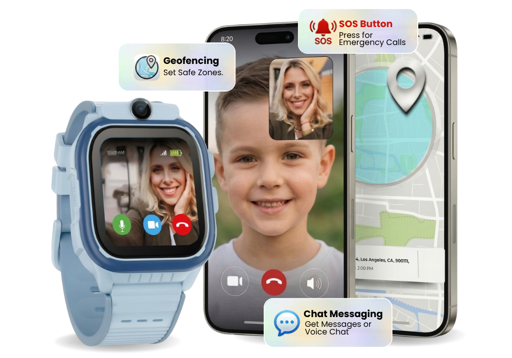 Model R kids smartwatch with GPS tracking, SOS alerts, geofencing, and secure parent-approved communication