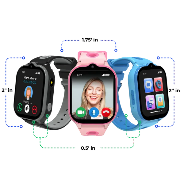 Model T 4G kids GPS smartwatch in black, pink, and blue with video calling and parental monitoring features