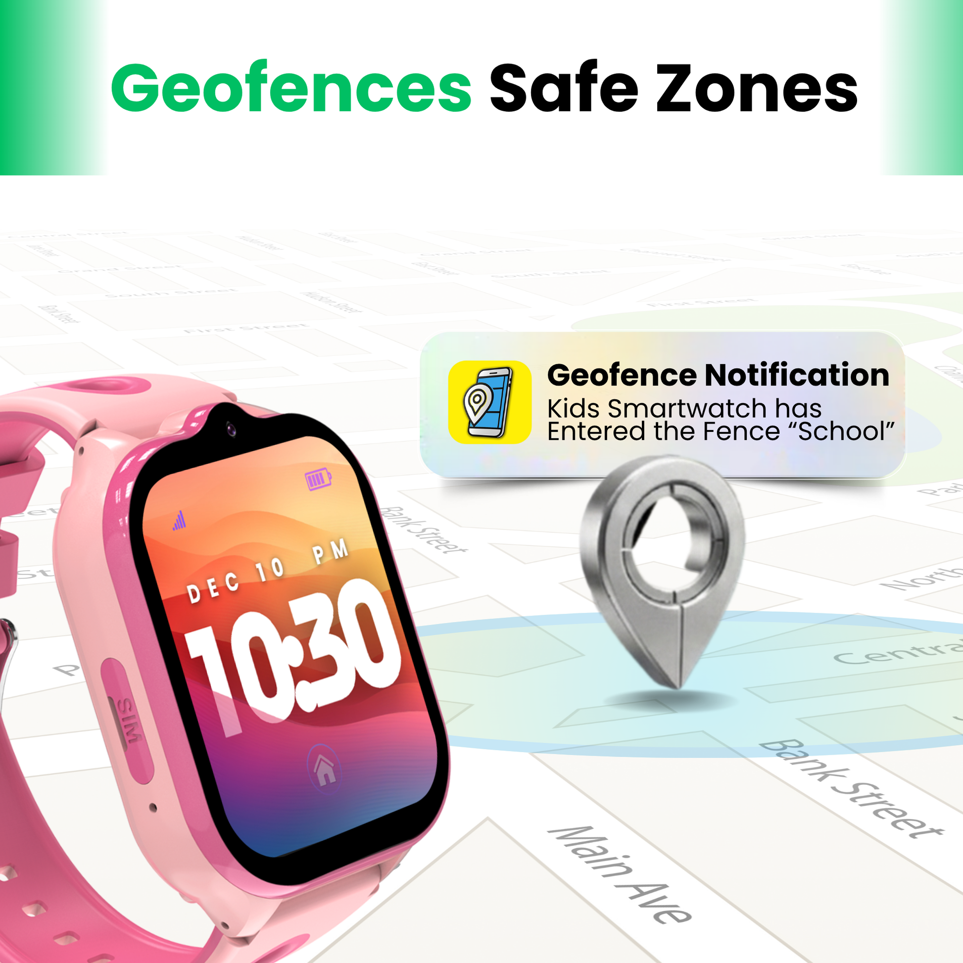 Model T kids GPS smartwatch with geofence safe zones and instant school arrival location notifications for parents