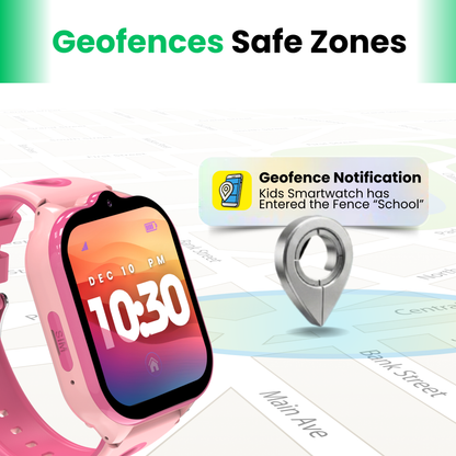 Model T kids GPS smartwatch with geofence safe zones and instant school arrival location notifications for parents