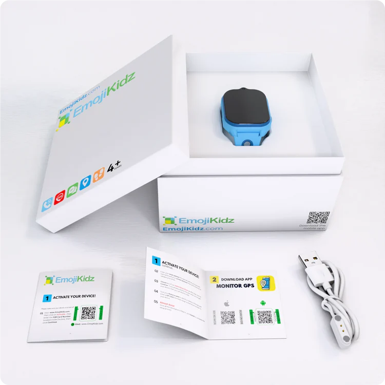 Model T kids GPS smartwatch package with charging cable, setup guide, and smartwatch accessories included in the box