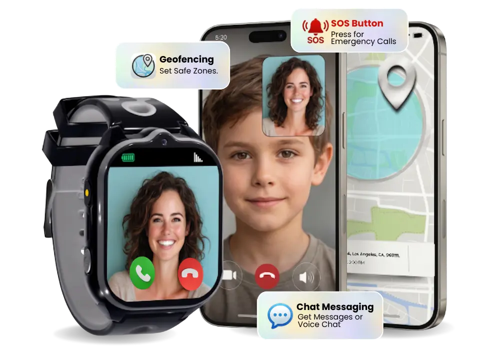 Model T kids smartwatch with live GPS tracking, video calling, SOS alerts, and secure parent-approved communication