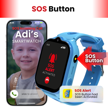 Model T kids smartwatch SOS emergency alert system with instant parent notifications and emergency calling features
