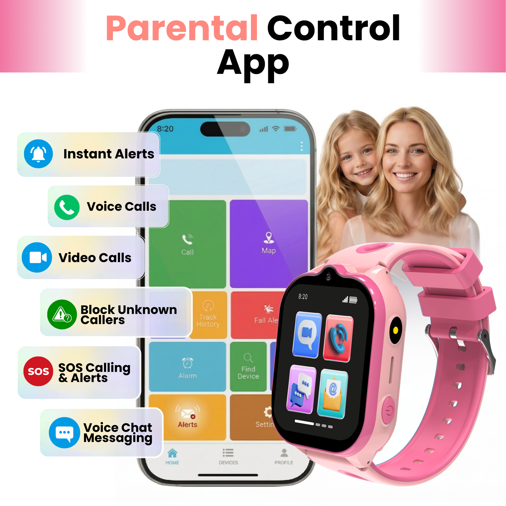 Model T parental monitoring app with kids smartwatch safety alerts, video calling, GPS tracking, and approved contacts