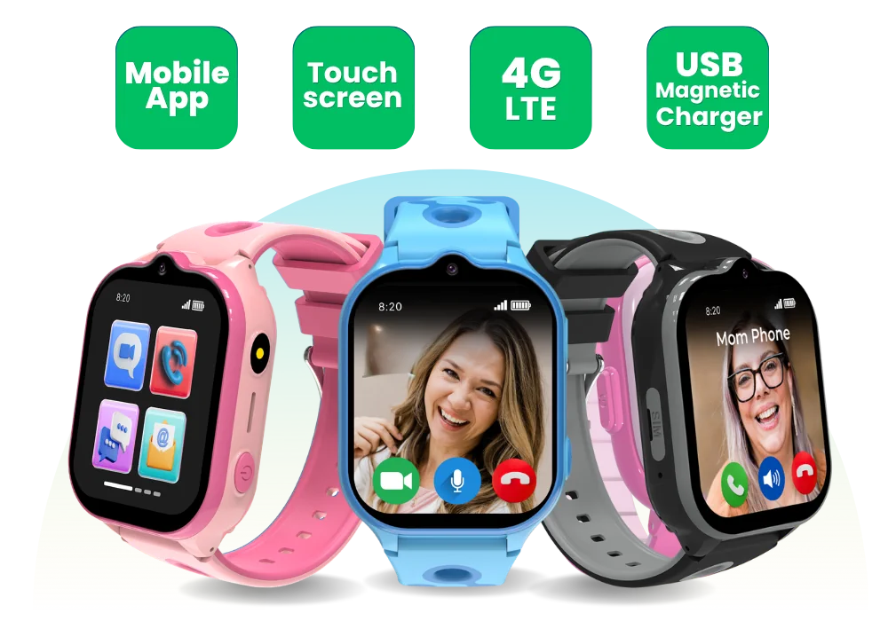 Model T kids GPS smartwatch with video calling, parental controls, LTE tracking, and safe communication features for kids