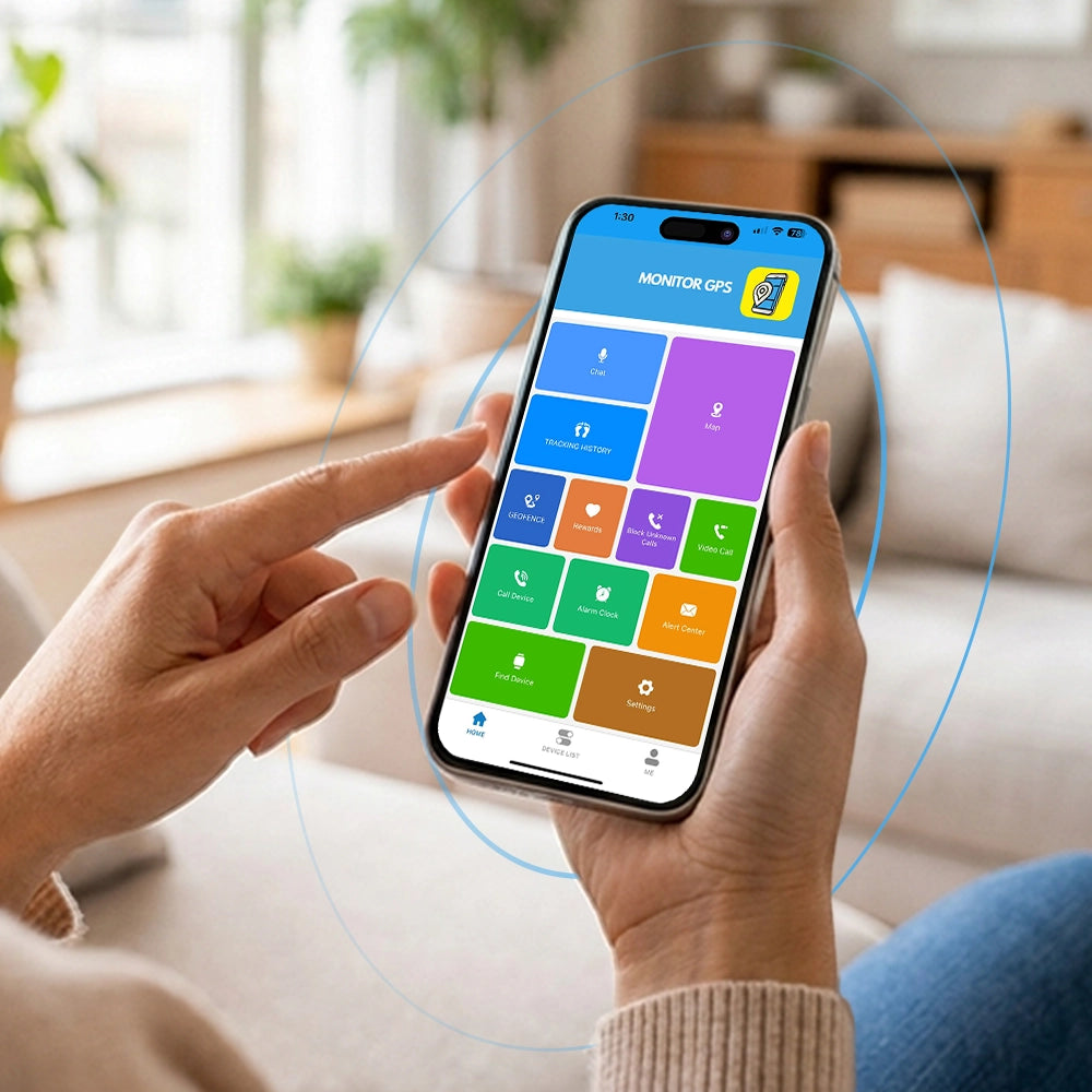 A parent holding a smartphone showing the Monitor GPS parental control app interface, featuring color-coded tiles to manage location history, safe zones, and approved contacts.